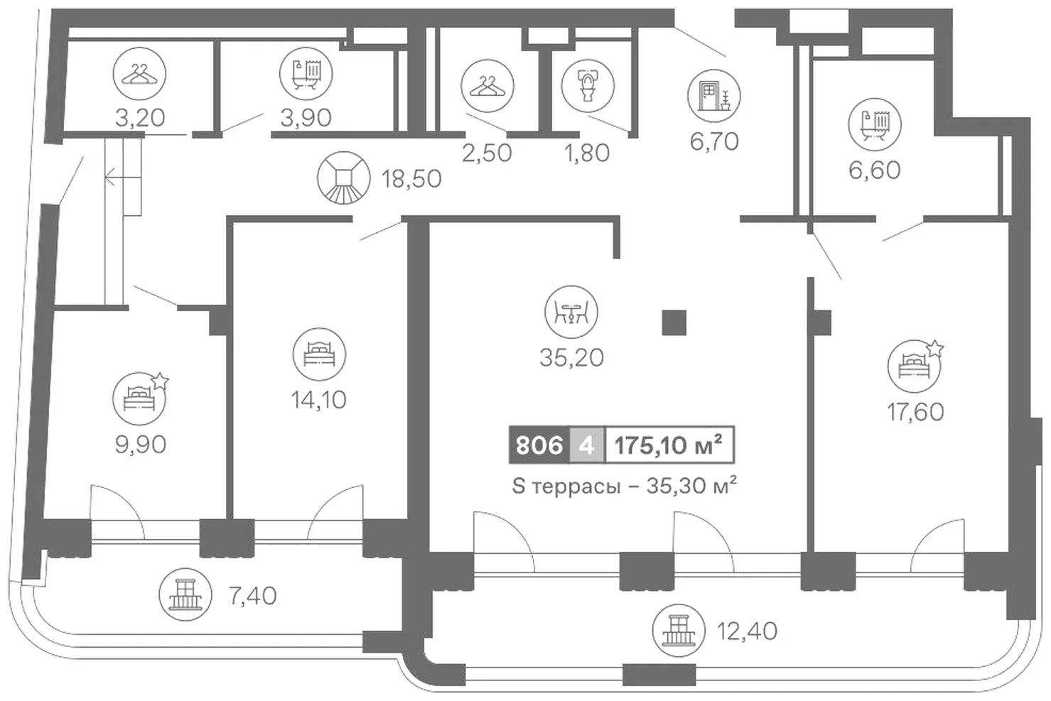 Планировка: Пентхаус № 806, блок а в Mantera Seaview Residence, 175,1 м²