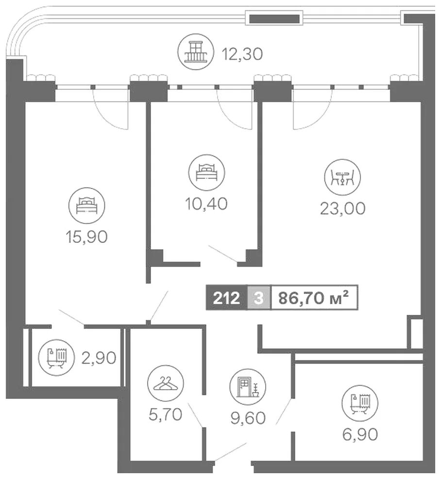 Планировка: Резиденция № 212, блок б в Mantera Seaview Residence, 86,7 м²